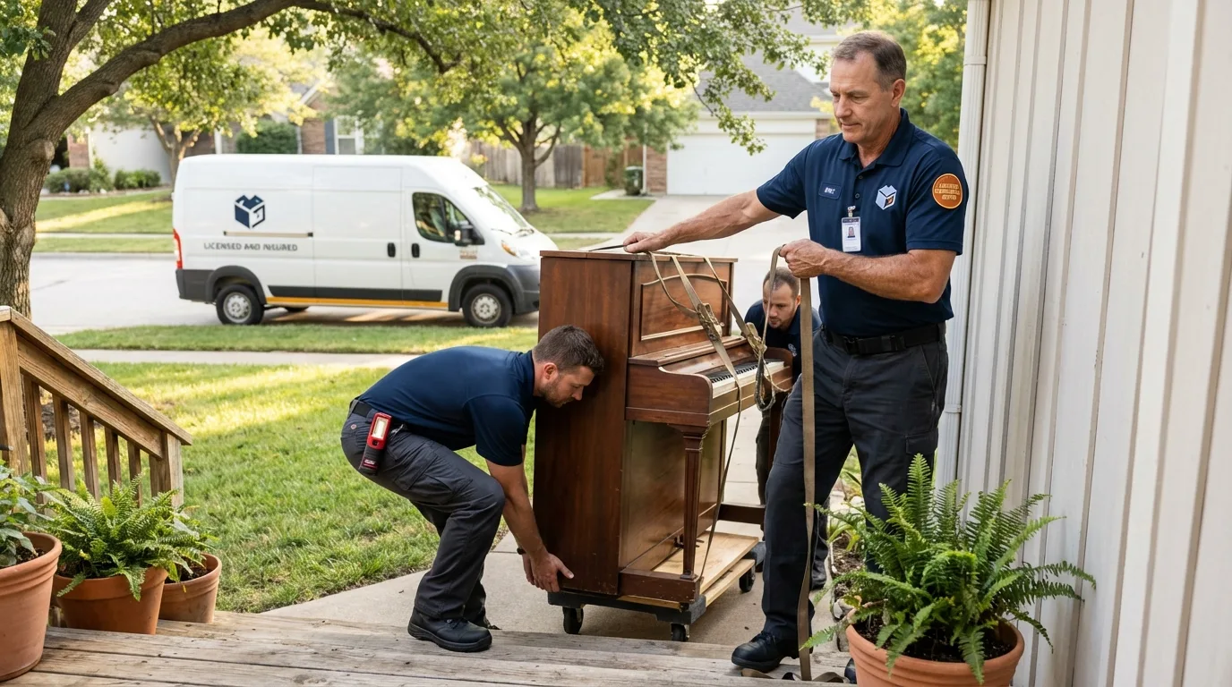 Licensed piano movers securing grand piano in Three Oaks, MI