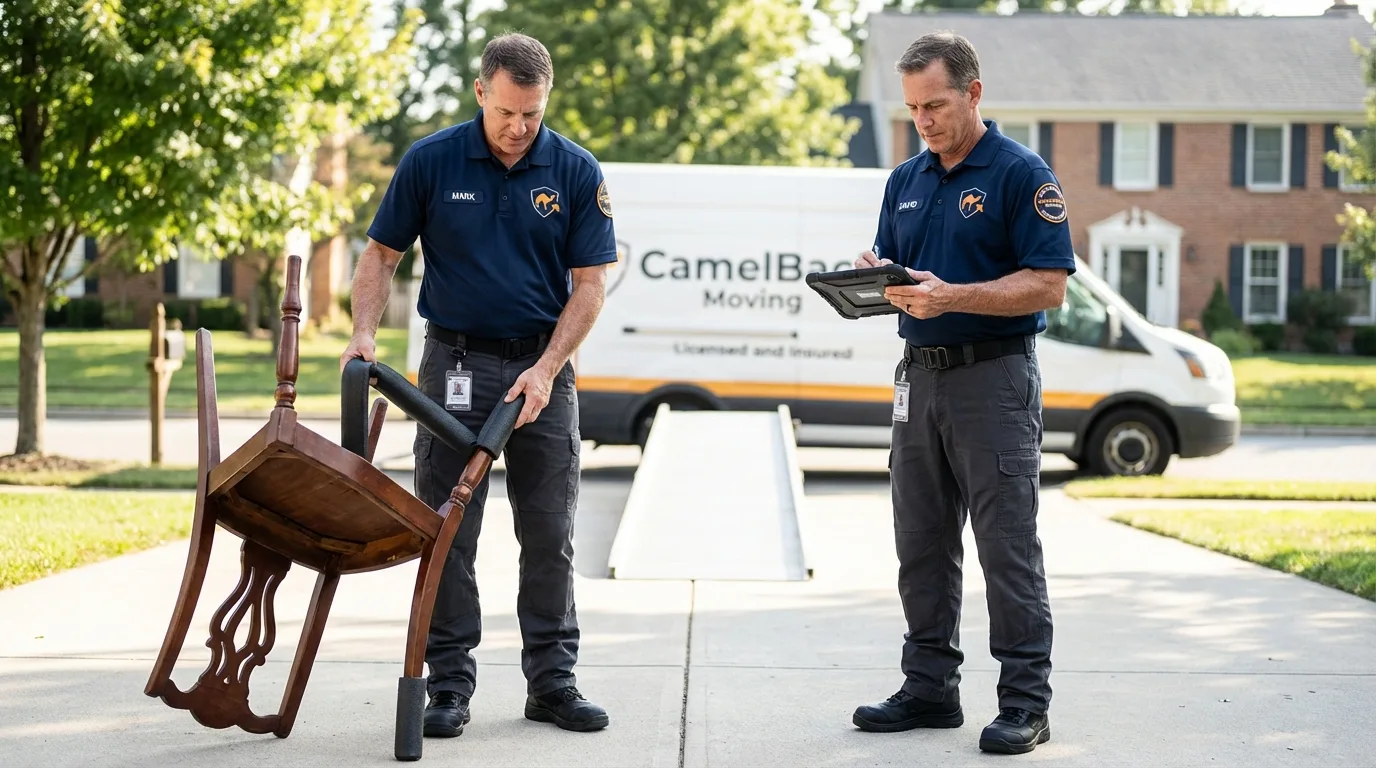 Movers inspecting furniture for damage prevention before loading in Three Oaks, MI