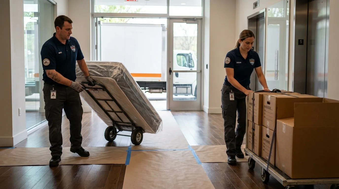Professional apartment movers loading elevator in Three Oaks, MI